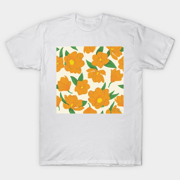 Bright orange magnolias pattern T-Shirt by White-Peony